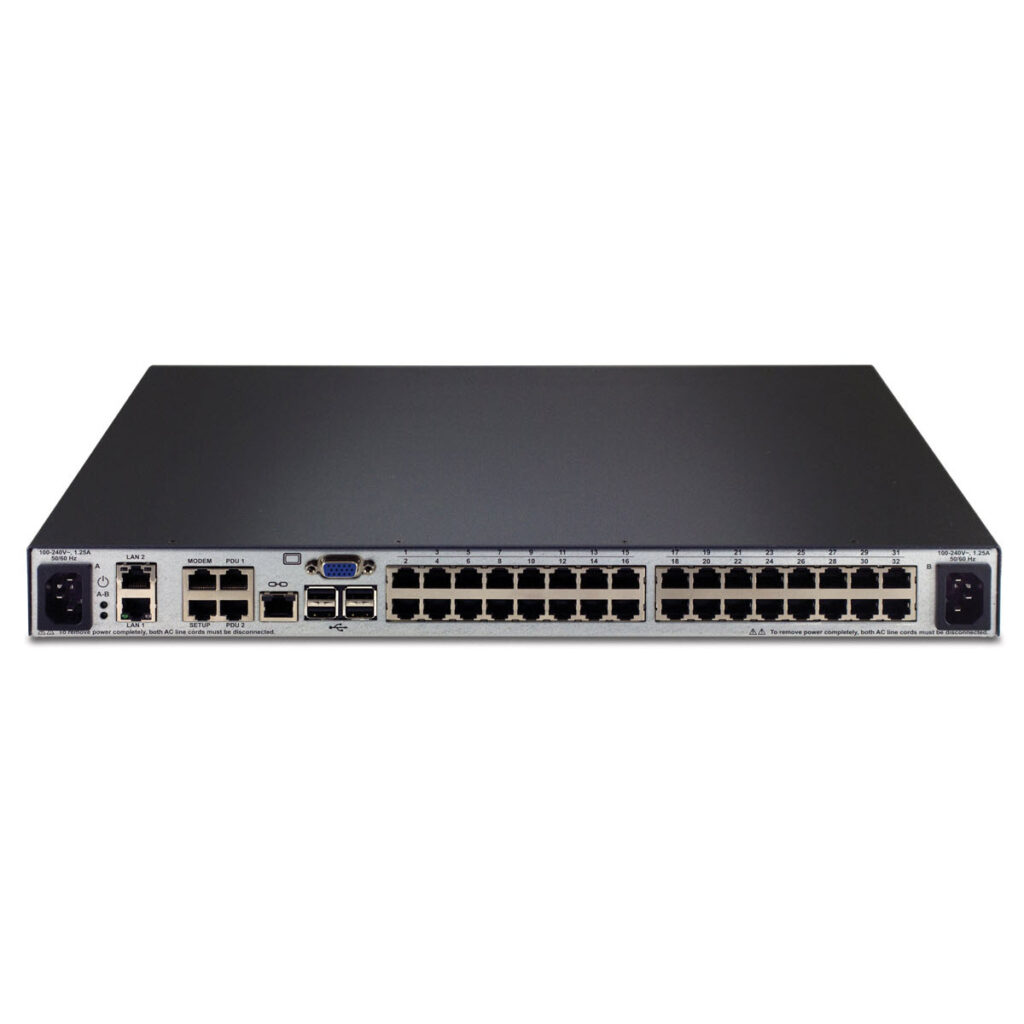 Back panel of the Avocent/Vertiv MPU8032DAC unit.